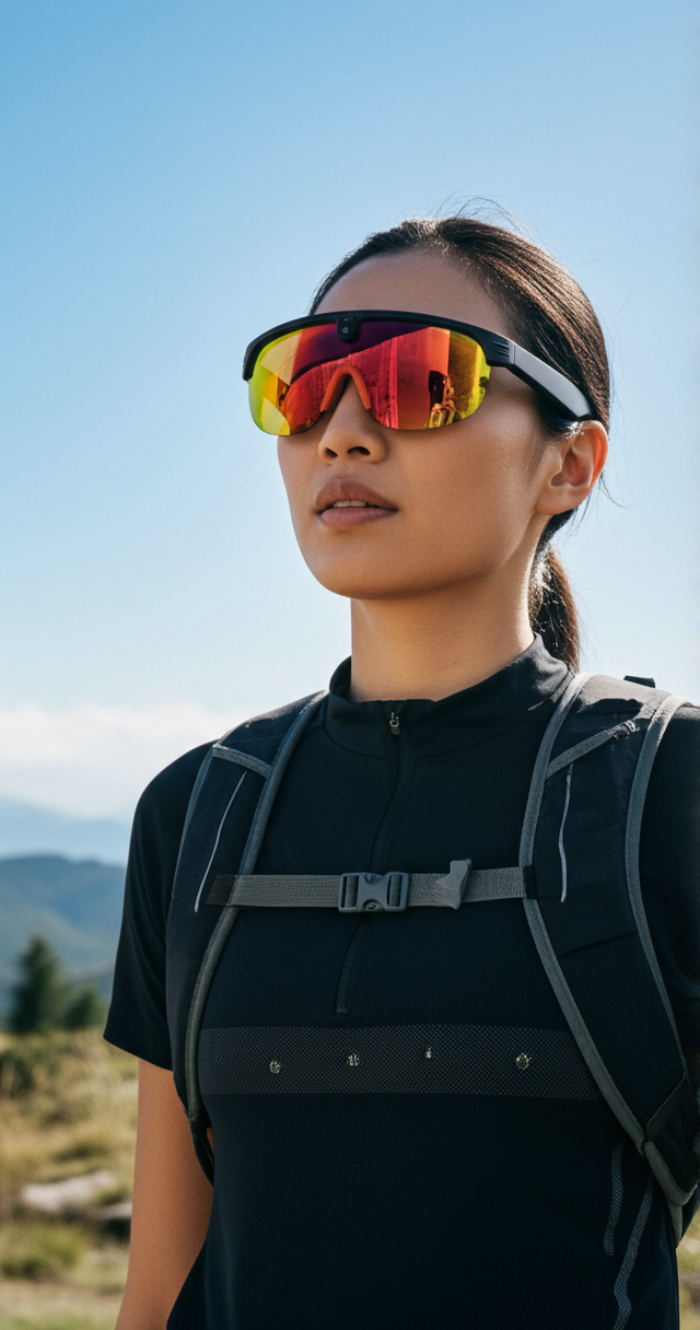A woman outdoors wearing reflective shield-style AI sunglasses with a yellow-to-red mirrored lens, a black athletic top, and a backpack, against a blue sky and distant hills.