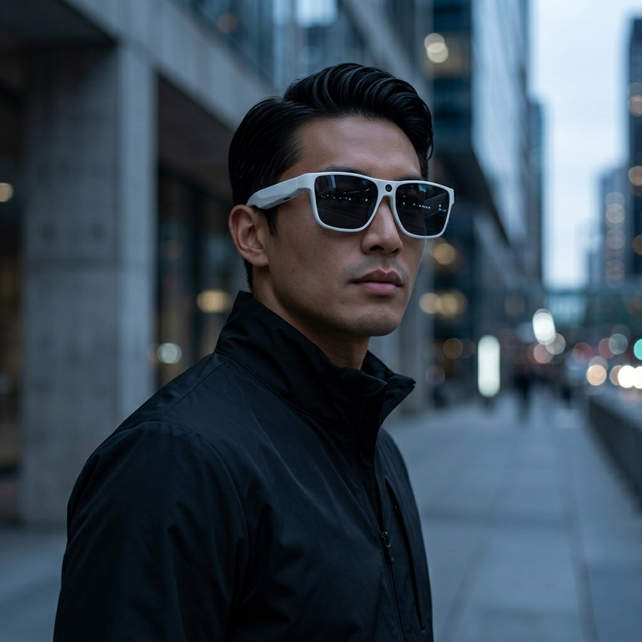 A man wearing white-framed smart sunglasses with dark lenses, standing on a city sidewalk with blurred buildings in the background.
