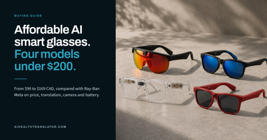 Four AI smart glasses on a stone surface in afternoon light, next to the headline Affordable AI smart glasses, four models under $200