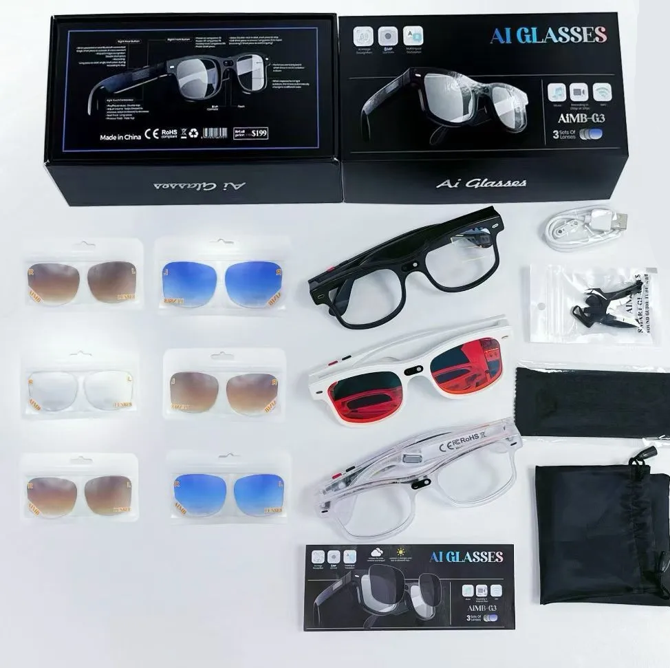 AImb G3 package contents laid out: smart glasses, retail box, interchangeable tinted lenses, pouch and USB charging cable.
