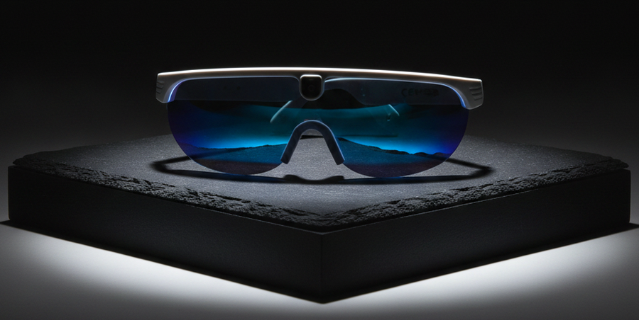 Sunglasses with blue lenses on a dark background