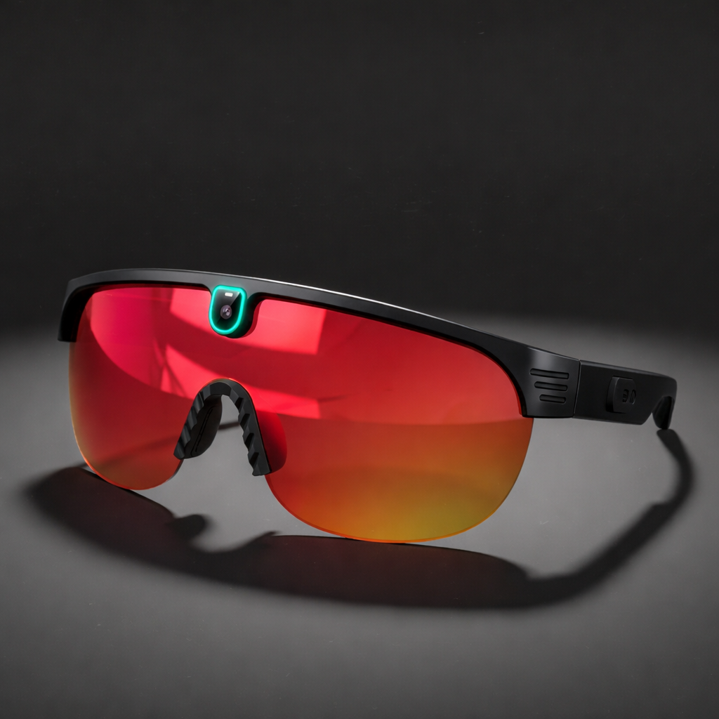 Sunglasses with red gradient lenses and black frame on a dark background