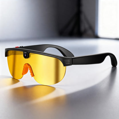 Sunglasses with yellow lenses and black frames on a reflective surface