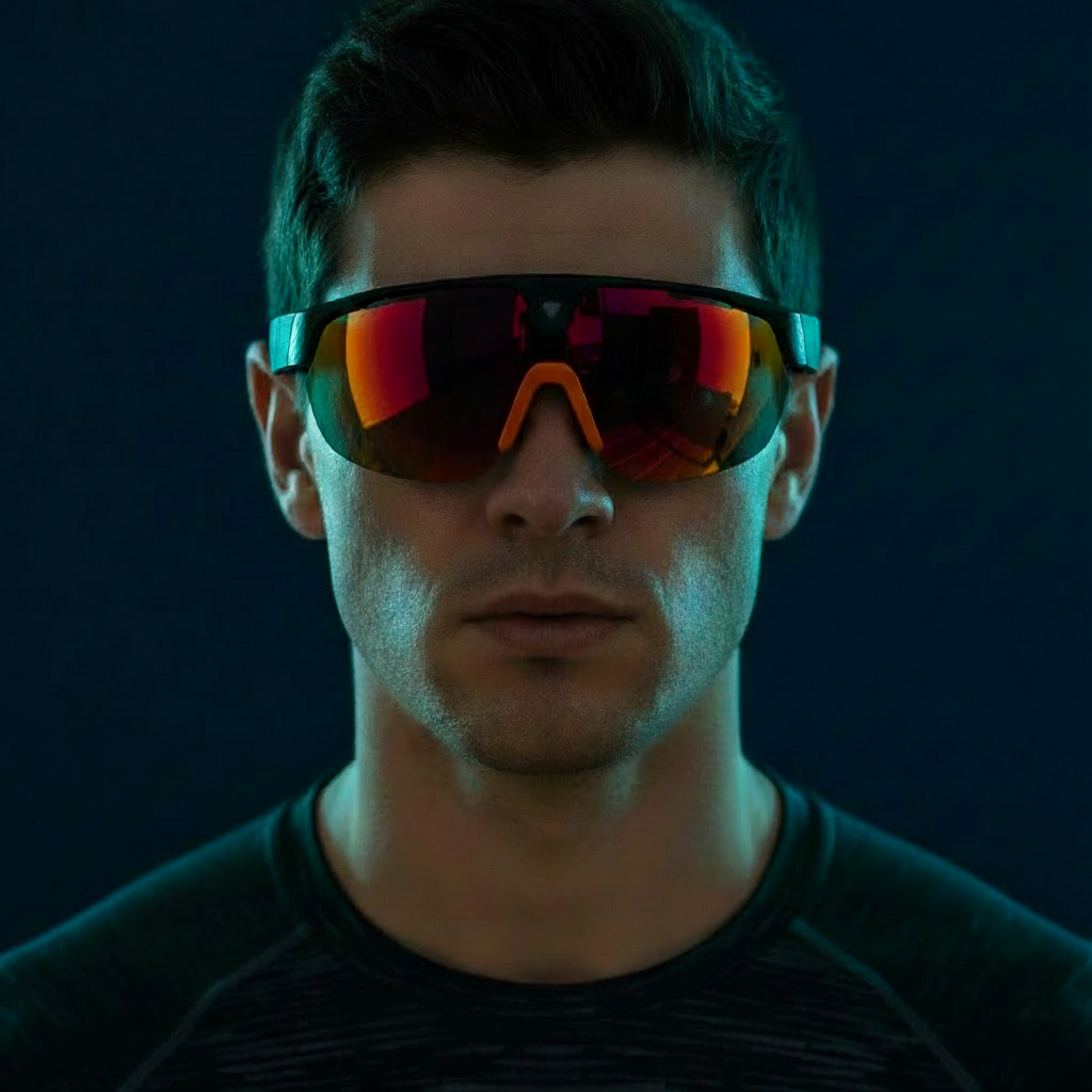 Man wearing reflective sunglasses with 'Peak Vision' branding on a dark background