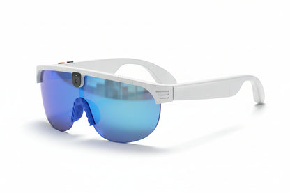 AI Smart Sunglasses with blue reflective lenses and white frame on a white background