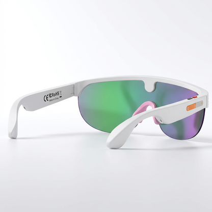 White sunglasses with green and purple lenses on a white background