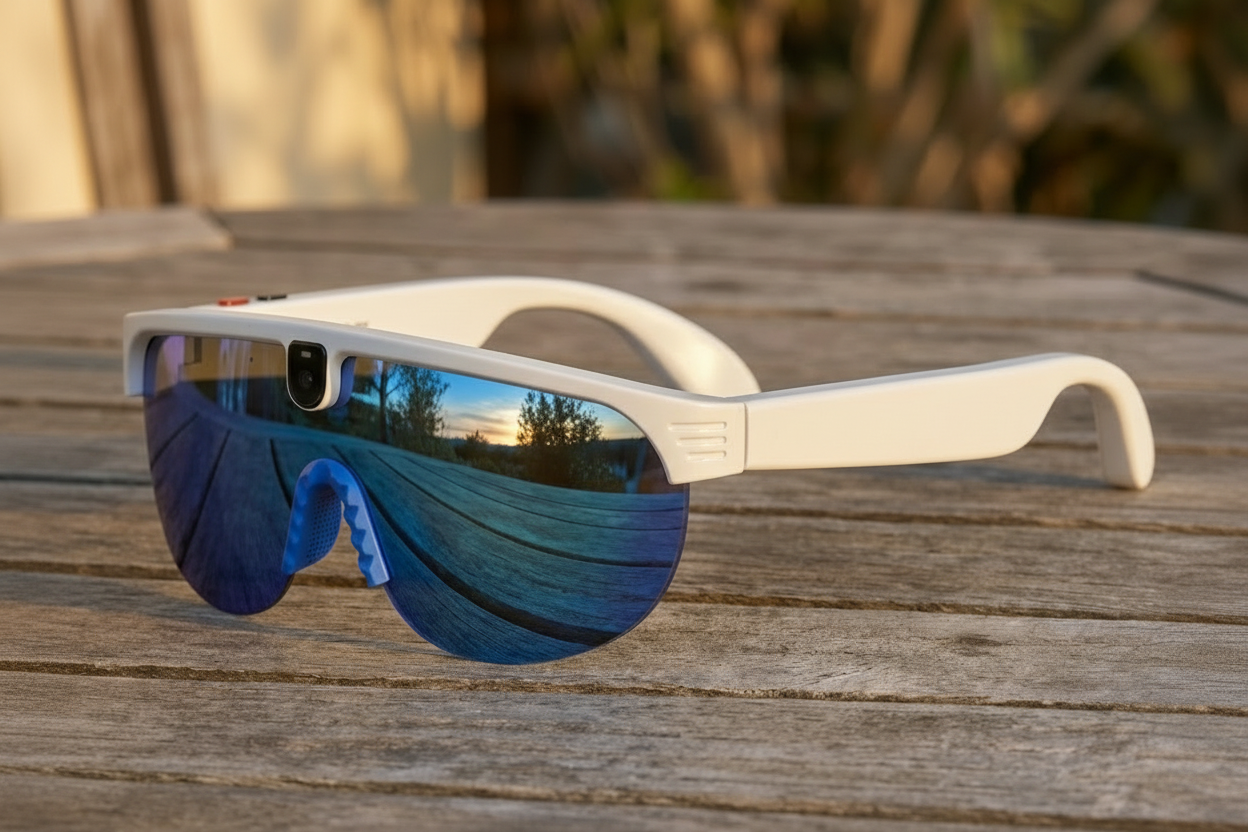 Smart Sunglasses with blue reflective lenses on a wooden surface