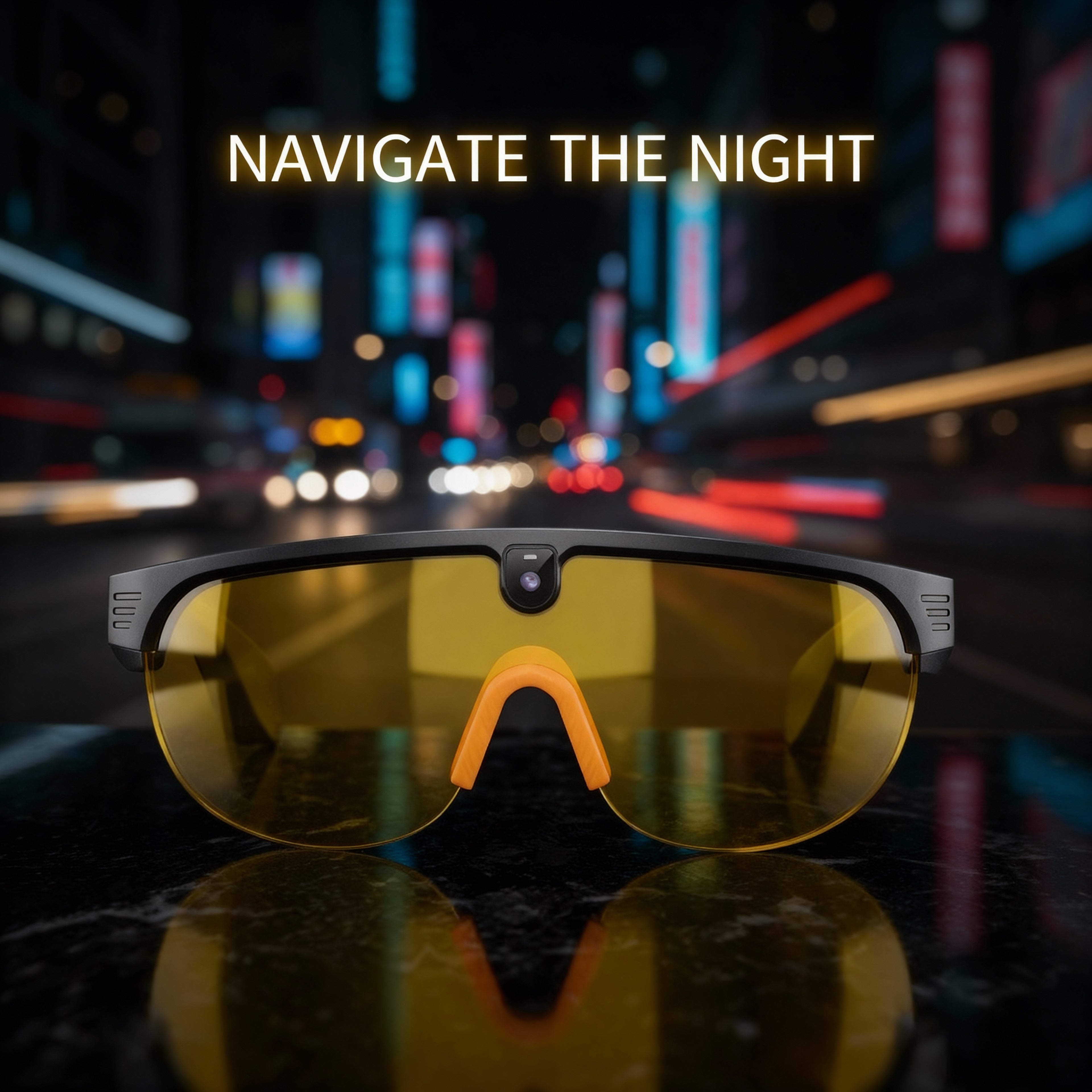 Sunglasses with yellow lenses on a reflective surface with a cityscape background and text 'Navigate the Night'.