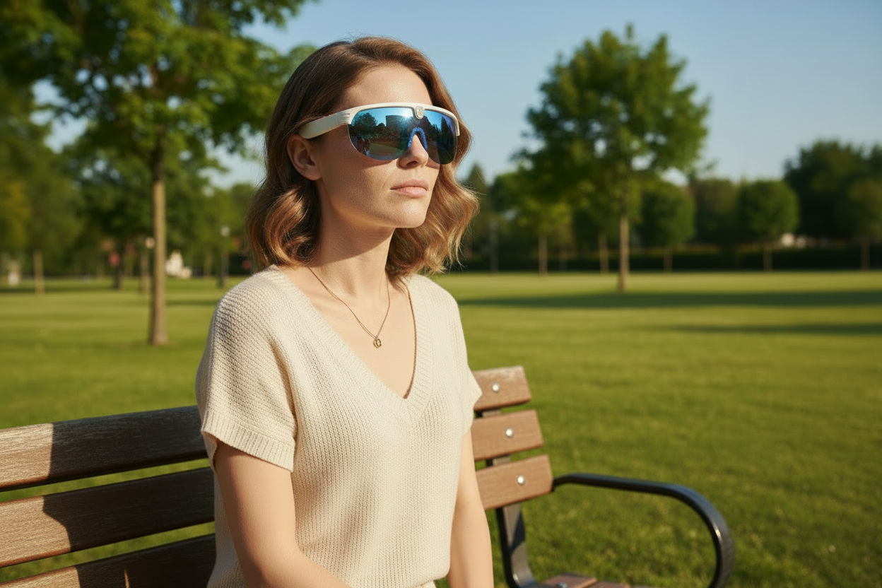 Woman wearing reflective sunglasses in a cafe setting