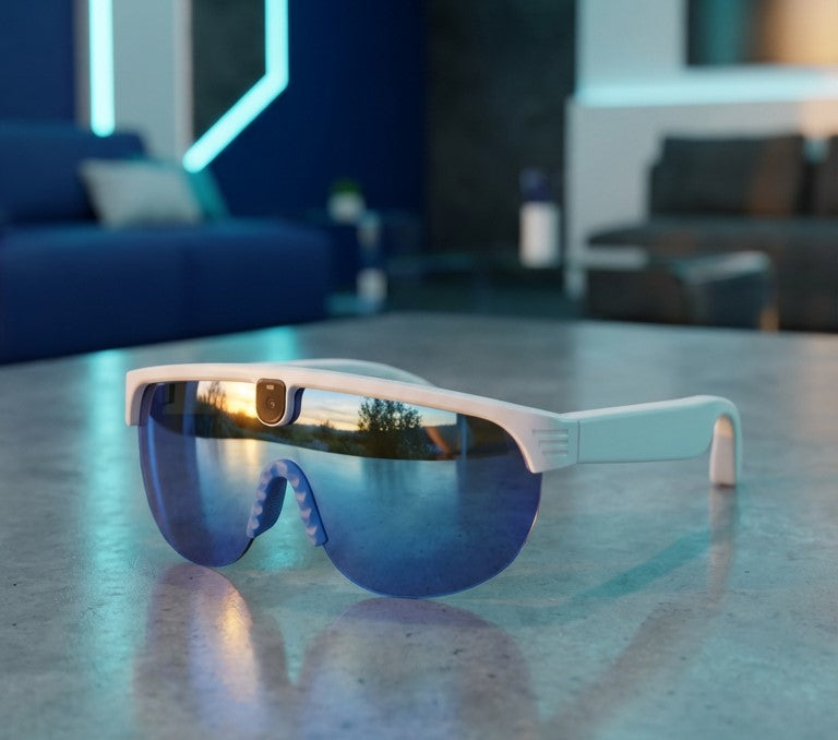 Sunglasses with blue lenses on a reflective surface, blurred indoor background