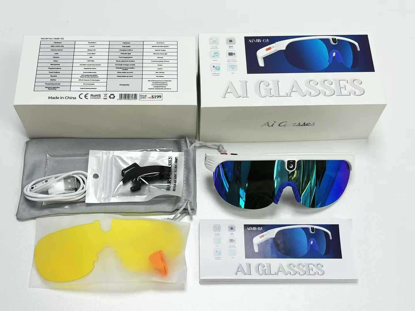 AI Glasses packaging with sunglasses, USB cable, and accessories on a white background