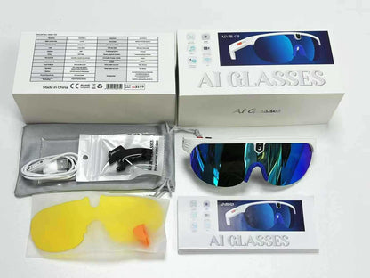 AI Glasses packaging with sunglasses, USB cable, and accessories on a white background