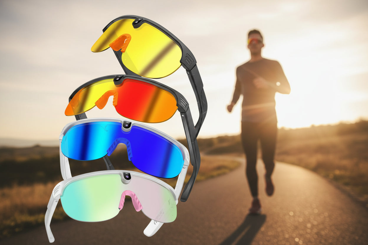 Four pairs of colorful sunglasses stacked on a blurred background of a person running.