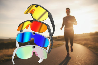 Four pairs of colorful sunglasses stacked on a blurred background of a person running.