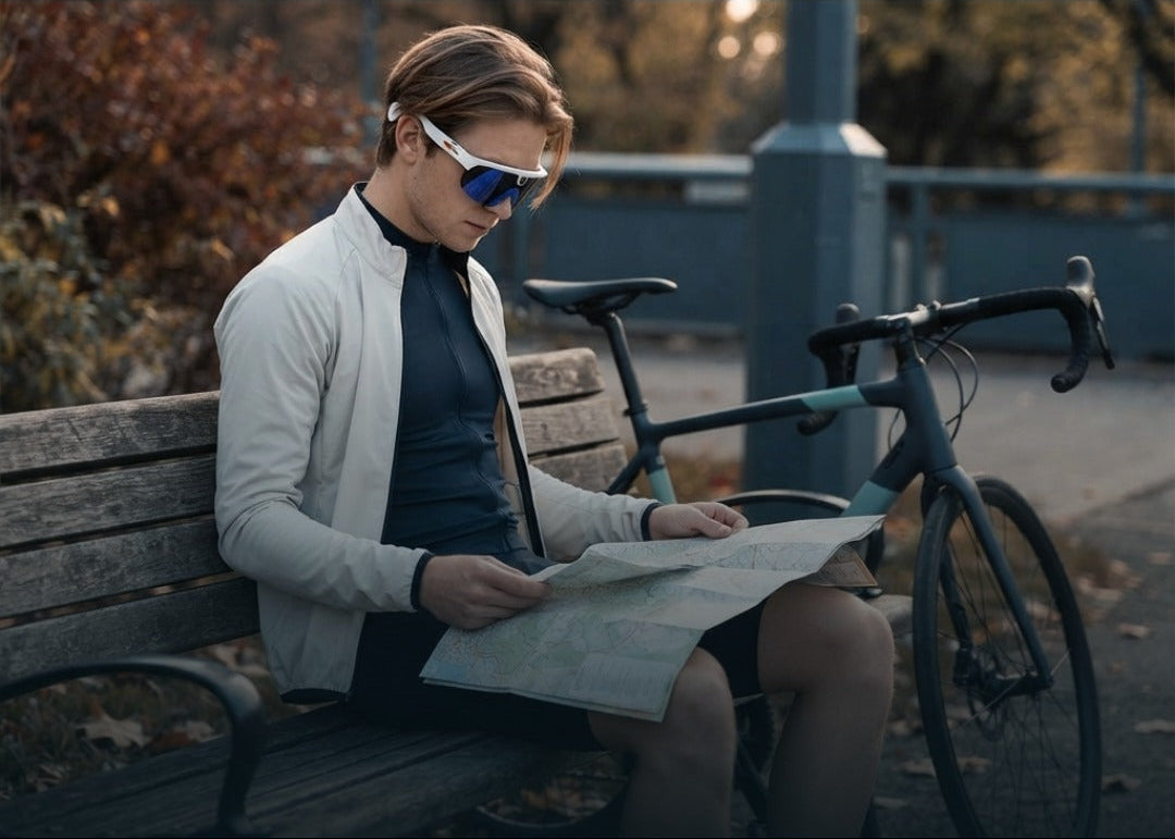 A person sitting on a wooden bench outdoors, reading a map, with a bicycle beside them. The person is wearing white-framed sunglasses with blue lenses, a light gray jacket, and a dark top.