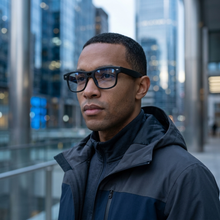 A man wearing black rectangular eyeglasses and a dark zip-up jacket, standing in a modern outdoor urban setting with blurred glass skyscrapers in the background.