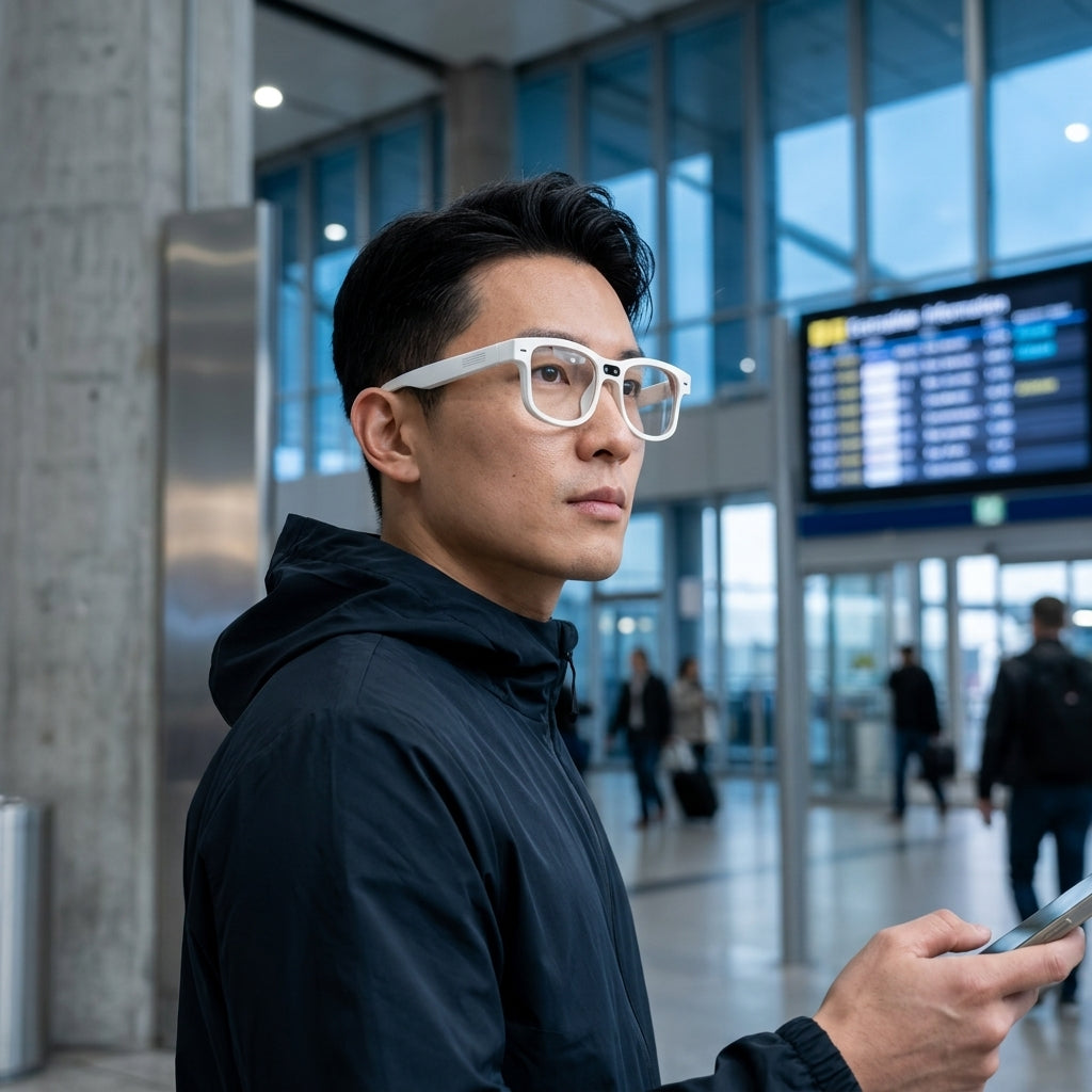 A man wearing white-framed square eyeglasses and a black hooded jacket stands in a modern airport terminal holding a smartphone.