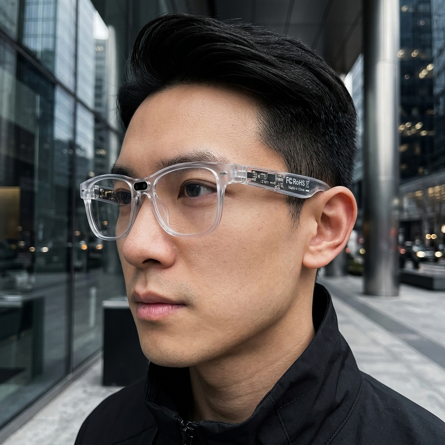 Close-up of a man wearing rectangular AI smart glasses transparent while travelling