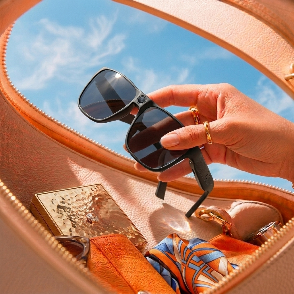 A hand holding black sunglasses inside an open peach-colored leather bag, with a blue sky visible through the zipper and other accessories like a patterned scarf and gold jewelry inside the bag.