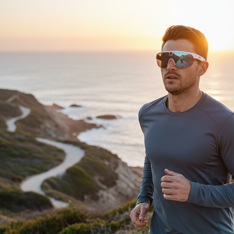 Man running with AI smart glasses on a coastal path during sunset 