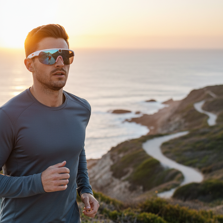 Man running with AI smart glasses on a coastal path during sunset 