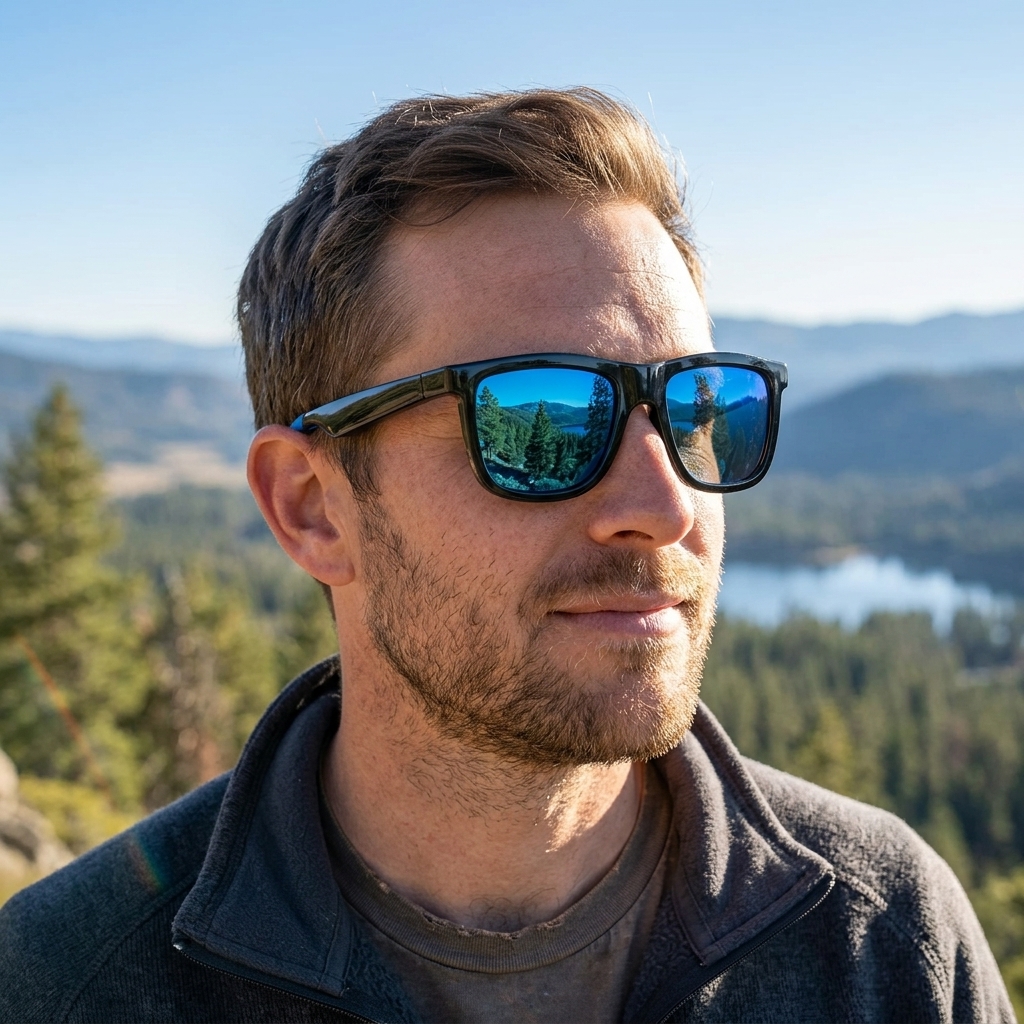 Man wearing black open-ear smart glasses with blue mirrored lenses outdoors, with mountains and a lake behind him.