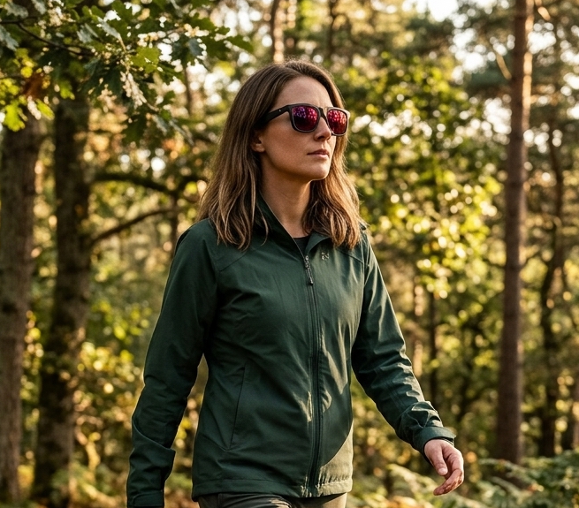 A woman wearing a dark green lightweight zip-up jacket, olive green pants, and smart audio sunglasses walks along a sunlit forest path.