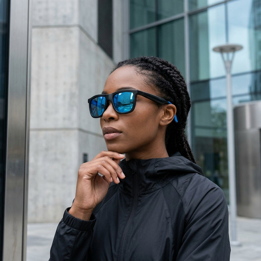 A woman wearing black athletic AI smart sunglasses with blue mirrored lenses and a black zip-up jacket, standing outdoors in front of a modern glass building.