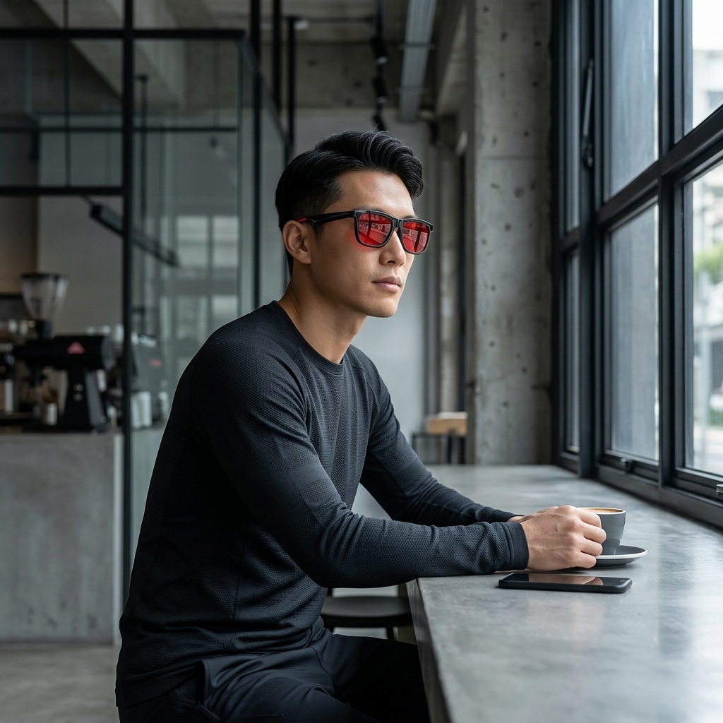 A man wearing black long-sleeve athletic apparel and red-tinted rectangular smart sunglasses sits at a concrete table by a large window in a modern industrial-style cafe.