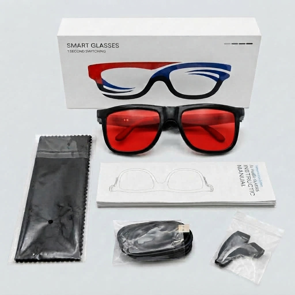 Red smart glasses shown with their retail box, cleaning cloth, instruction booklet, and small accessories on a light gray background.