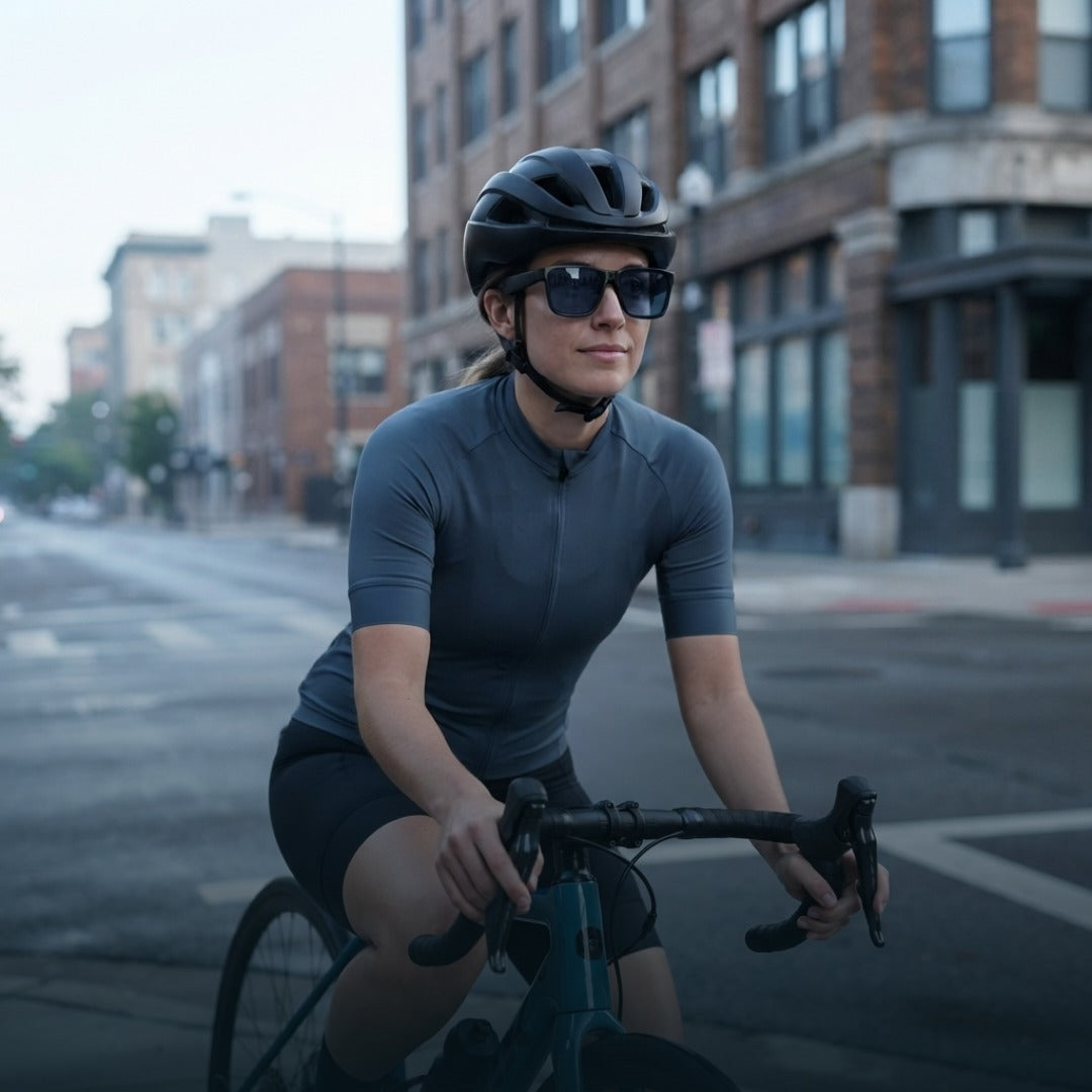 A woman wearing a black bicycle helmet, sunglasses, and a dark gray short-sleeve cycling jersey rides a road bike on an urban city street with brick buildings in the background.