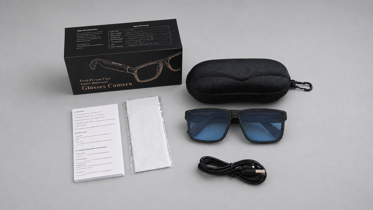 QS5 package contents: smart glasses, hard storage case, cleaning cloth, USB charging cable and user manual.