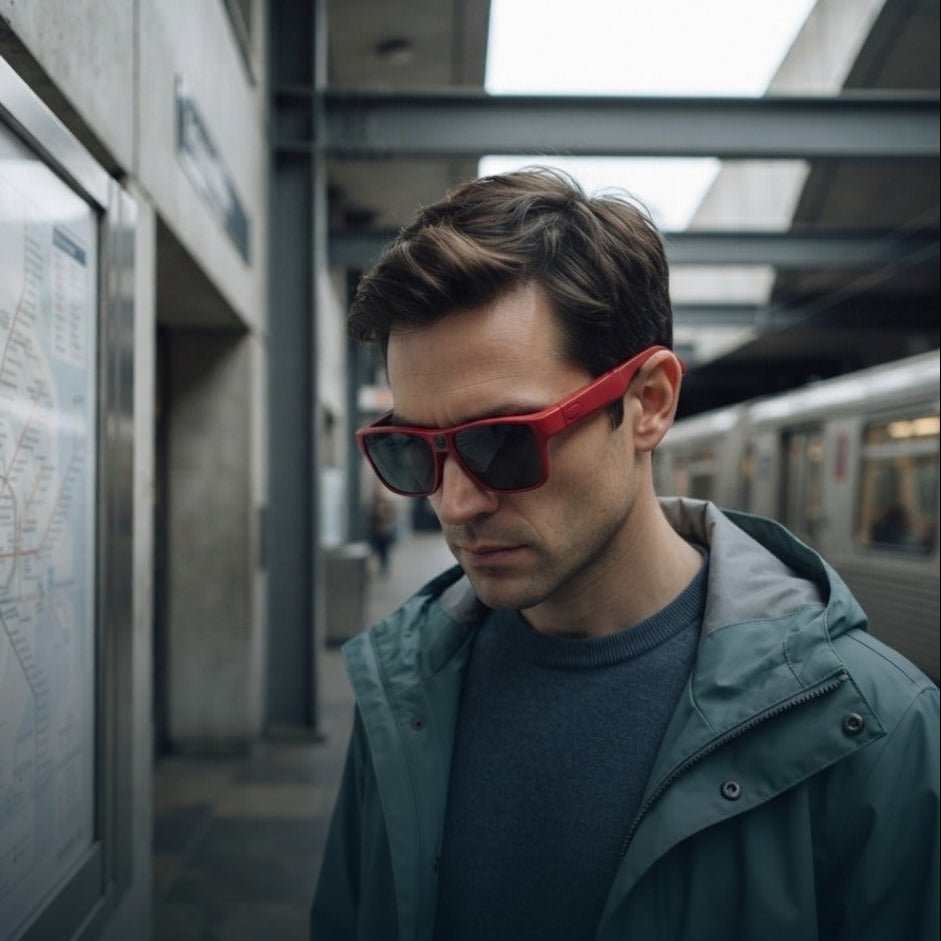 A man wearing red-framed sunglasses and a dark teal jacket stands at a subway station next to a transit map, looking down in thought.