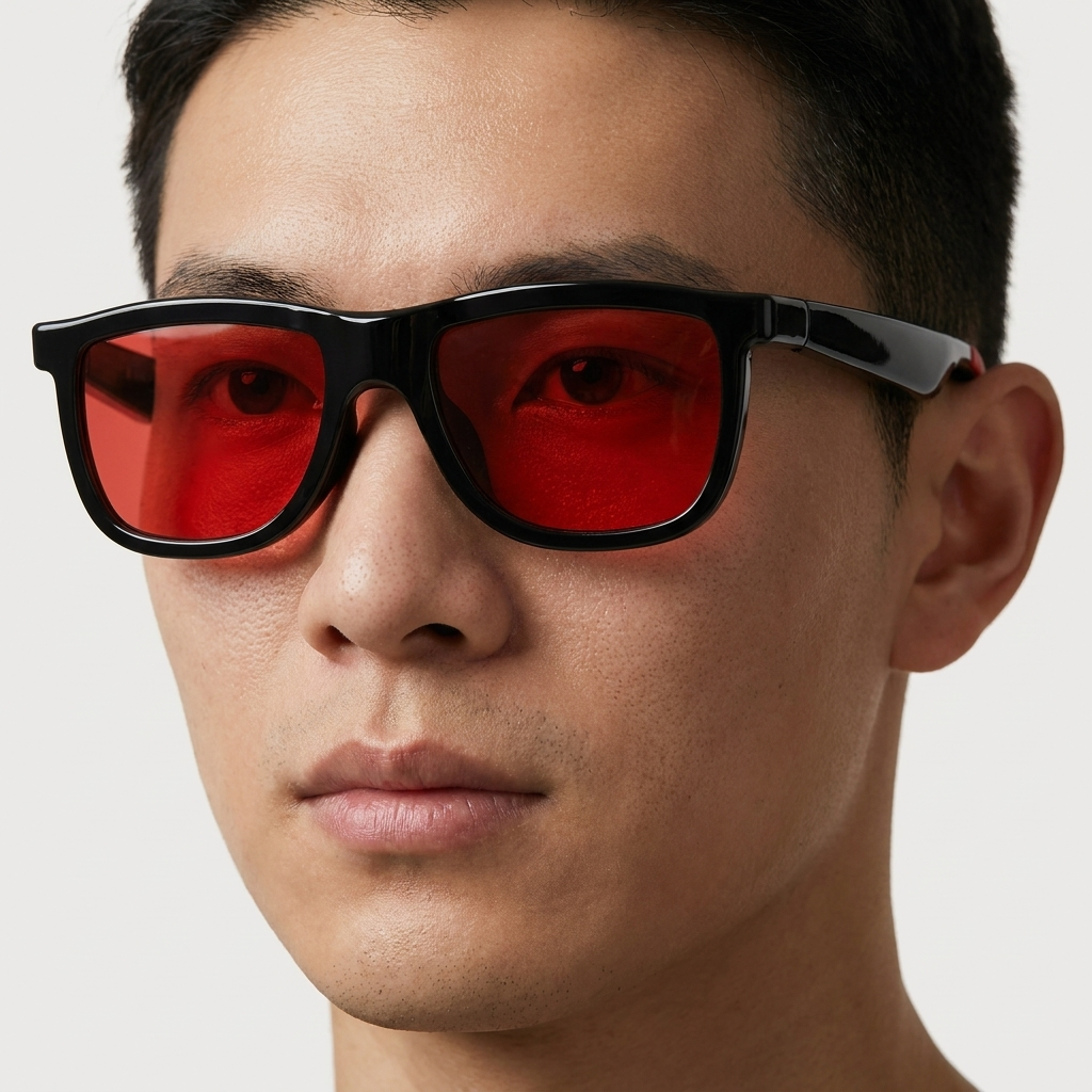 Close-up of a man wearing rectangular sunglasses with thick black frames and vibrant red tinted lenses against a light gray background.
